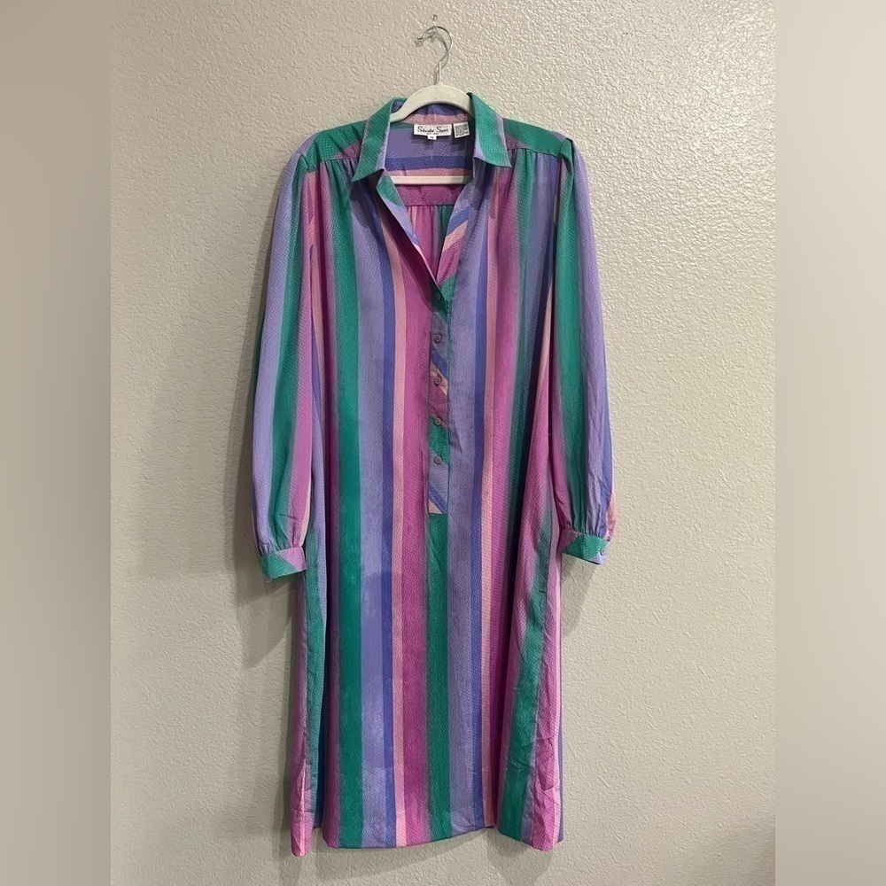 Vintage Schrader Sport Blue Green Purple Striped Long Sleeve Belt Women's Sz 16